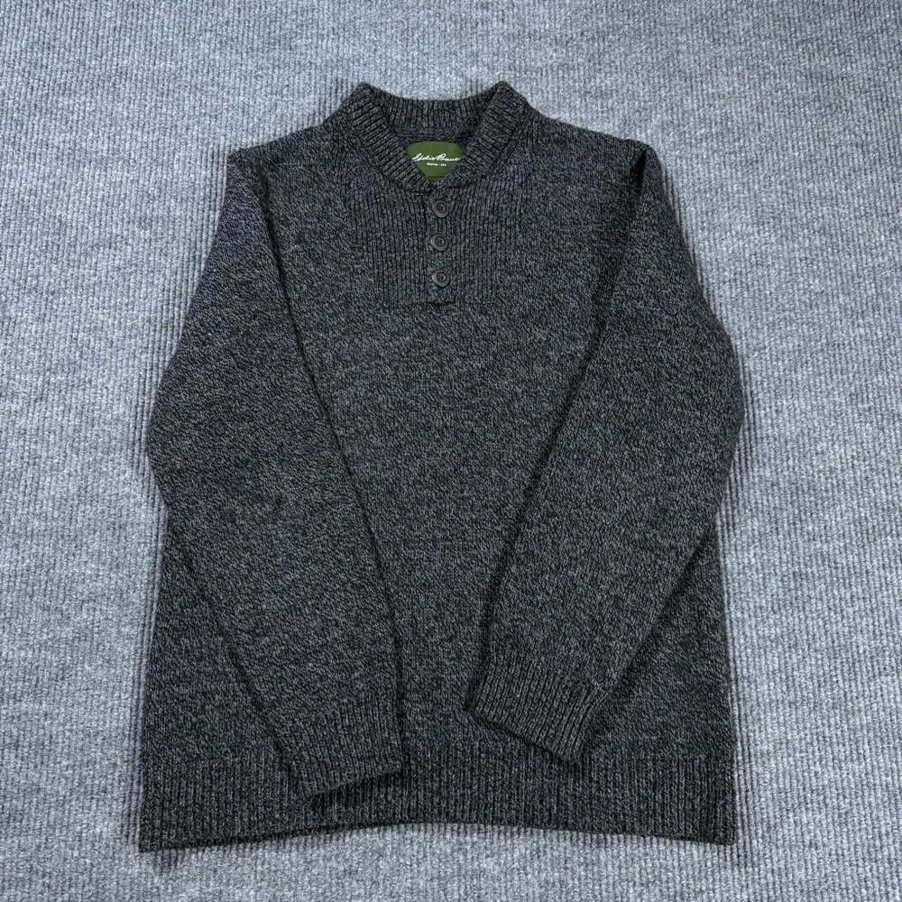 Eddie Bauer Mens XLT Henley Sweater Gray Cotton Wool Blend Knit Pullover Heavy